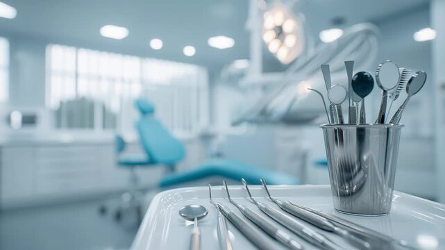 Modern dental practice. Blurred dentist office white blue interior with dentistry equipment tools on the foreground. Banner, space for text. Orthodontics. Alignment of Teeth. Dentofacial Orthopedics.