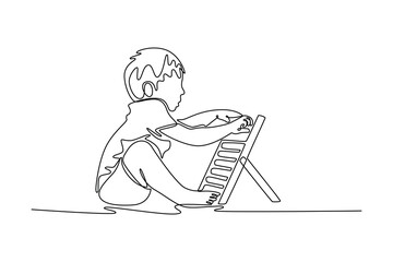children boys play with abacus toy. Children playing toys concept. Single line draw design. Vector graphic illustration