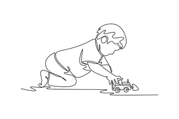 kid boy toddler playing with toy car. Children playing toys concept. Single line draw design. Vector graphic illustration