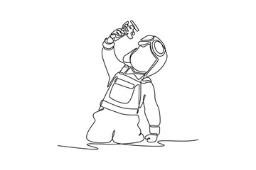 happy child toddler boy playing with toy airplane. Children playing toys concept. Single line draw design. Vector graphic illustration