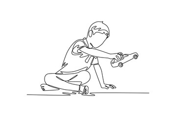 Little boy sitting and playing with a toy car. Children playing toys concept. Single line draw design. Vector graphic illustration