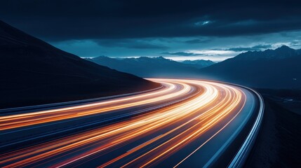 Nighttime Long Exposure of Serpentine Road with Light Trails and Mountains