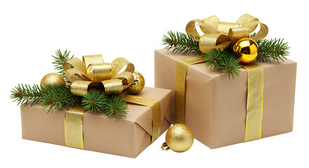 Two elegantly wrapped gifts with golden ribbons and ornaments on transparent background.
