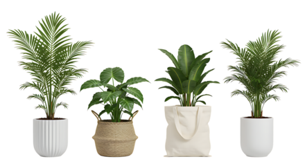 Four diverse potted houseplants arranged together creating a vibrant botanical display on transparent background.