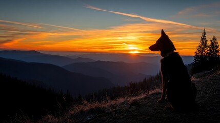Dog Silhouette Overlooking Mountain Sunset