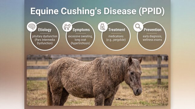 Horse with cushing's disease symptoms standing in a field with long coat and excessive sweating