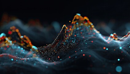 Abstract data peaks formed by glowing particles against a dark, futuristic background