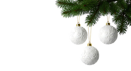 Festive white christmas ornaments hanging from evergreen branches on transparent background.