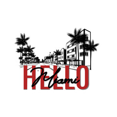 Fototapeta premium Minimal line art illustration of iconic Miami landmarks with palm trees and Art Deco style, capturing a modern tropical beach vibe. Ideal for t-shirts, posters, brandingช, and travel designs.