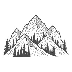 Mountain Range with Pine Forest Line Art