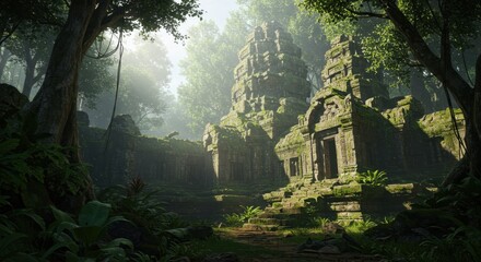 Ancient stone architecture is being overtaken by dense, lush jungle foliage under bright sunlight