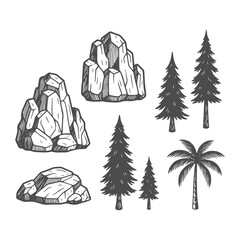 Hand-drawn Nature Elements Rocks and Trees Sketch Collection