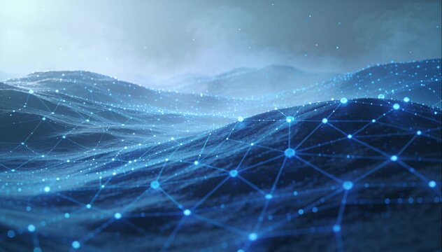 Abstract digital network landscape with blue glowing data waves and futuristic wireframe connection for enterprise cybersecurity and global information technology concepts