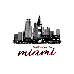 Fototapeta premium Minimal line art illustration of iconic Miami landmarks with palm trees and Art Deco style, capturing a modern tropical beach vibe. Ideal for t-shirts, posters, branding, and travel designs.