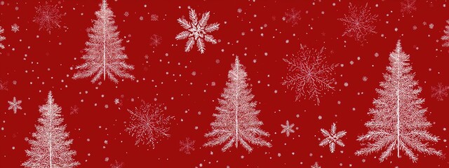 a festive scene with a pattern of snowflakes set against a red background adorned with white stars. at the bottom of the image is a row of green christmas trees