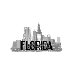 Obraz premium Minimal line art illustration of iconic Miami landmarks with palm trees and Art Deco style, capturing a modern tropical beach vibe. Ideal for t-shirts, posters, branding, and travel designs.