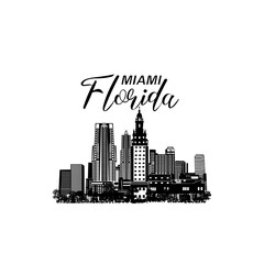 Obraz premium Minimal line art illustration of iconic Miami landmarks with palm trees and Art Deco style, capturing a modern tropical beach vibe. Ideal for t-shirts, posters, branding, and travel designs.