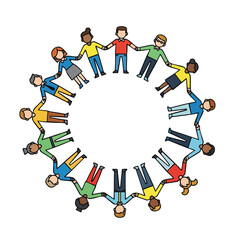 Diverse cartoon people forming a ring on a white background illustrating concepts of unity collaboration and community
