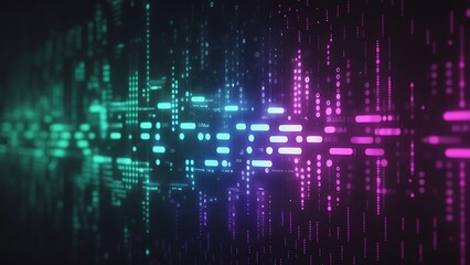 Futuristic digital data stream with vibrant neon lights illuminating a complex network interface