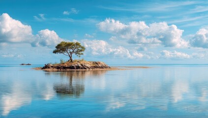 Fototapeta premium Serene island with a lone tree in calm blue water under a cloudy sky
