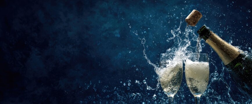 Champagne bottle popping, cork flying, liquid splashing into two glasses on blue background - Powered by Adobe