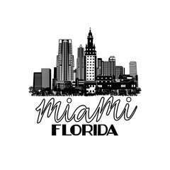 Minimal line art illustration of iconic Miami landmarks with palm trees and Art Deco style, capturing a modern tropical beach vibe. Ideal for t-shirts, posters, branding, and travel designs.