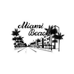 Minimal line art illustration of iconic Miami landmarks with palm trees and Art Deco style, capturing a modern tropical beach vibe. Ideal for t-shirts, posters, branding, and travel designs.