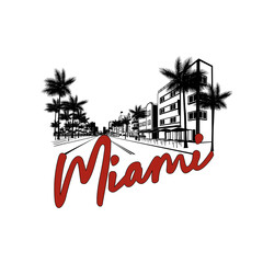 Minimal line art illustration of iconic Miami landmarks with palm trees and Art Deco style, capturing a modern tropical beach vibe. Ideal for t-shirts, posters, branding, and travel designs.