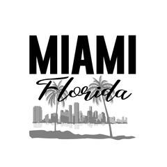 Minimal line art illustration of iconic Miami landmarks with palm trees and Art Deco style, capturing a modern tropical beach vibe. Ideal for t-shirts, posters, branding, and travel designs.