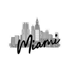 Minimal line art illustration of iconic Miami landmarks with palm trees and Art Deco style, capturing a modern tropical beach vibe. Ideal for t-shirts, posters, branding, and travel designs.