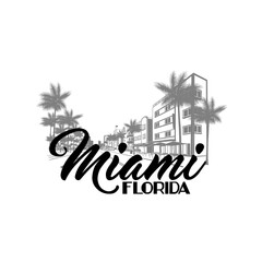 Minimal line art illustration of iconic Miami landmarks with palm trees and Art Deco style, capturing a modern tropical beach vibe. Ideal for t-shirts, posters, branding, and travel designs.