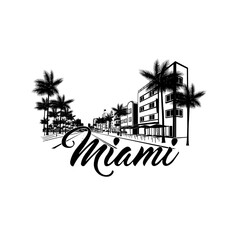 Minimal line art illustration of iconic Miami landmarks with palm trees and Art Deco style, capturing a modern tropical beach vibe. Ideal for t-shirts, posters, branding, and travel designs.