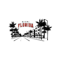 Minimal line art illustration of iconic Miami landmarks with palm trees and Art Deco style, capturing a modern tropical beach vibe. Ideal for t-shirts, posters, branding, and travel designs.