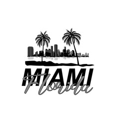 Minimal line art illustration of iconic Miami landmarks with palm trees and Art Deco style, capturing a modern tropical beach vibe. Ideal for t-shirts, posters, branding, and travel designs.