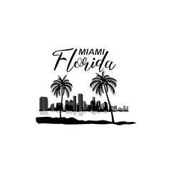 Minimal line art illustration of iconic Miami landmarks with palm trees and Art Deco style, capturing a modern tropical beach vibe. Ideal for t-shirts, posters, branding, and travel designs.