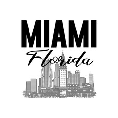 Minimal line art illustration of iconic Miami landmarks with palm trees and Art Deco style, capturing a modern tropical beach vibe. Ideal for t-shirts, posters, branding, and travel designs.
