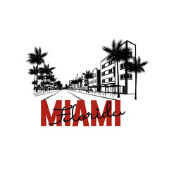 Minimal line art illustration of iconic Miami landmarks with palm trees and Art Deco style, capturing a modern tropical beach vibe. Ideal for t-shirts, posters, branding, and travel designs.