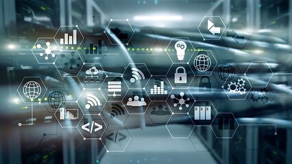 Digital transformation and network infrastructure with interconnected technology icons