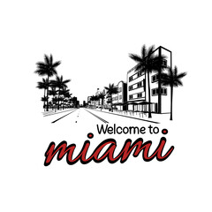 Minimal line art illustration of iconic Miami landmarks with palm trees and Art Deco style, capturing a modern tropical beach vibe. Ideal for t-shirts, posters, branding, and travel designs.