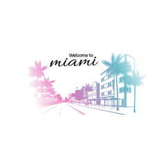 Minimal line art illustration of iconic Miami landmarks with palm trees and Art Deco style, capturing a modern tropical beach vibe. Ideal for t-shirts, posters, branding, and travel designs.