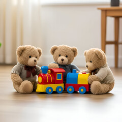 Plush Bears with Colorful Toy Train on Wood Floor Childhood Play