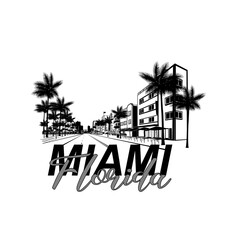 Minimal line art illustration of iconic Miami landmarks with palm trees and Art Deco style, capturing a modern tropical beach vibe. Ideal for t-shirts, posters, branding, and travel designs.