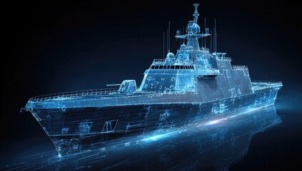 Futuristic, glowing blue wireframe blueprint of a large naval vessel against dark background