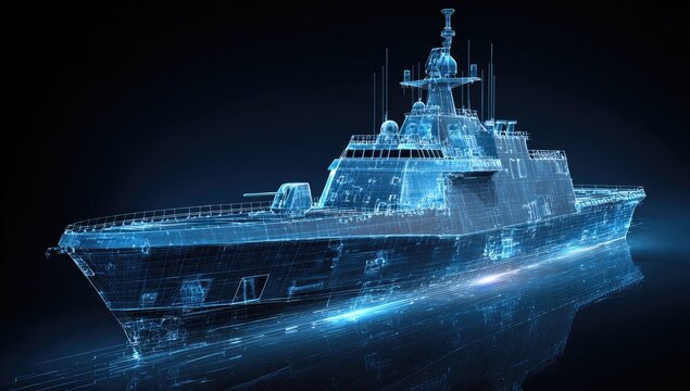 Futuristic, glowing blue wireframe blueprint of a large naval vessel against dark background - Powered by Adobe