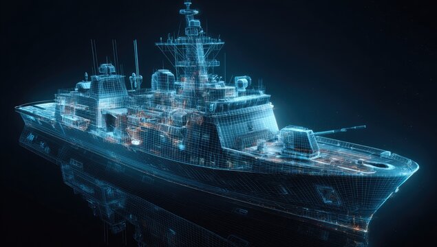 Futuristic blue glowing wireframe digital rendering of a naval vessel on dark background