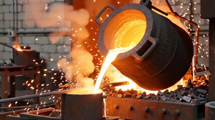 Molten metal being poured from a furnace into a mold with bright orange flames and sparks in an industrial setting - Powered by Adobe