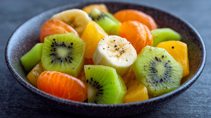 Fresh fruit salad with sliced kiwi, banana and mandarin orange segments in a dark bowl