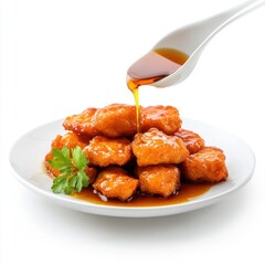 Crispy Chicken Nuggets Drizzled with Sweet Sauce on Elegant White Plate