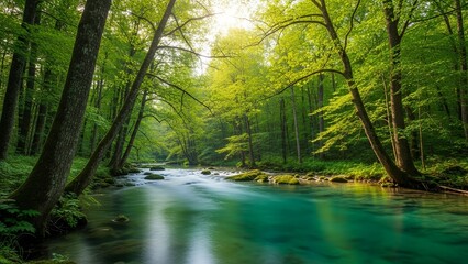Obraz premium Lush green forest with a crystal-clear turquoise river illuminated by bright sunlight, showing tranquil nature.