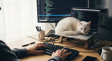 cat on laptop at desk transparent background cutout